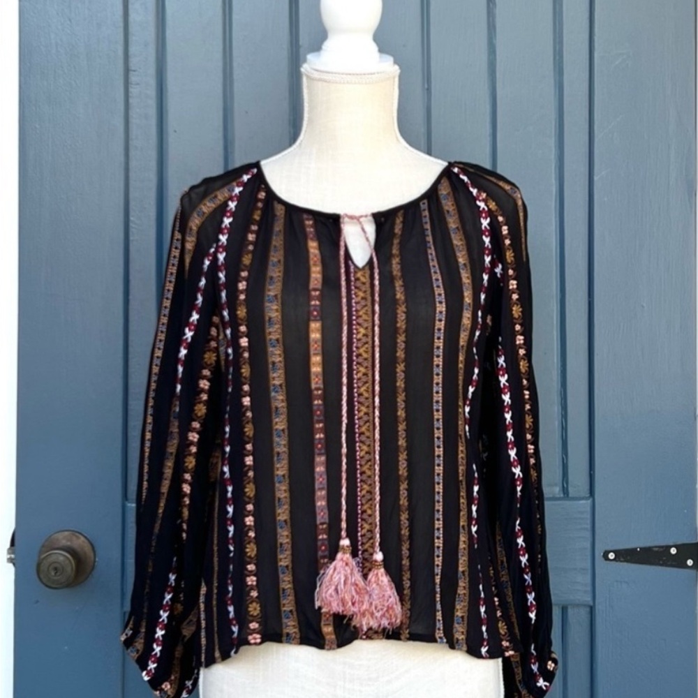 Sundance Blouse Black Floral Embroidered Long Sleeve Boho Chiffon Women Size PM